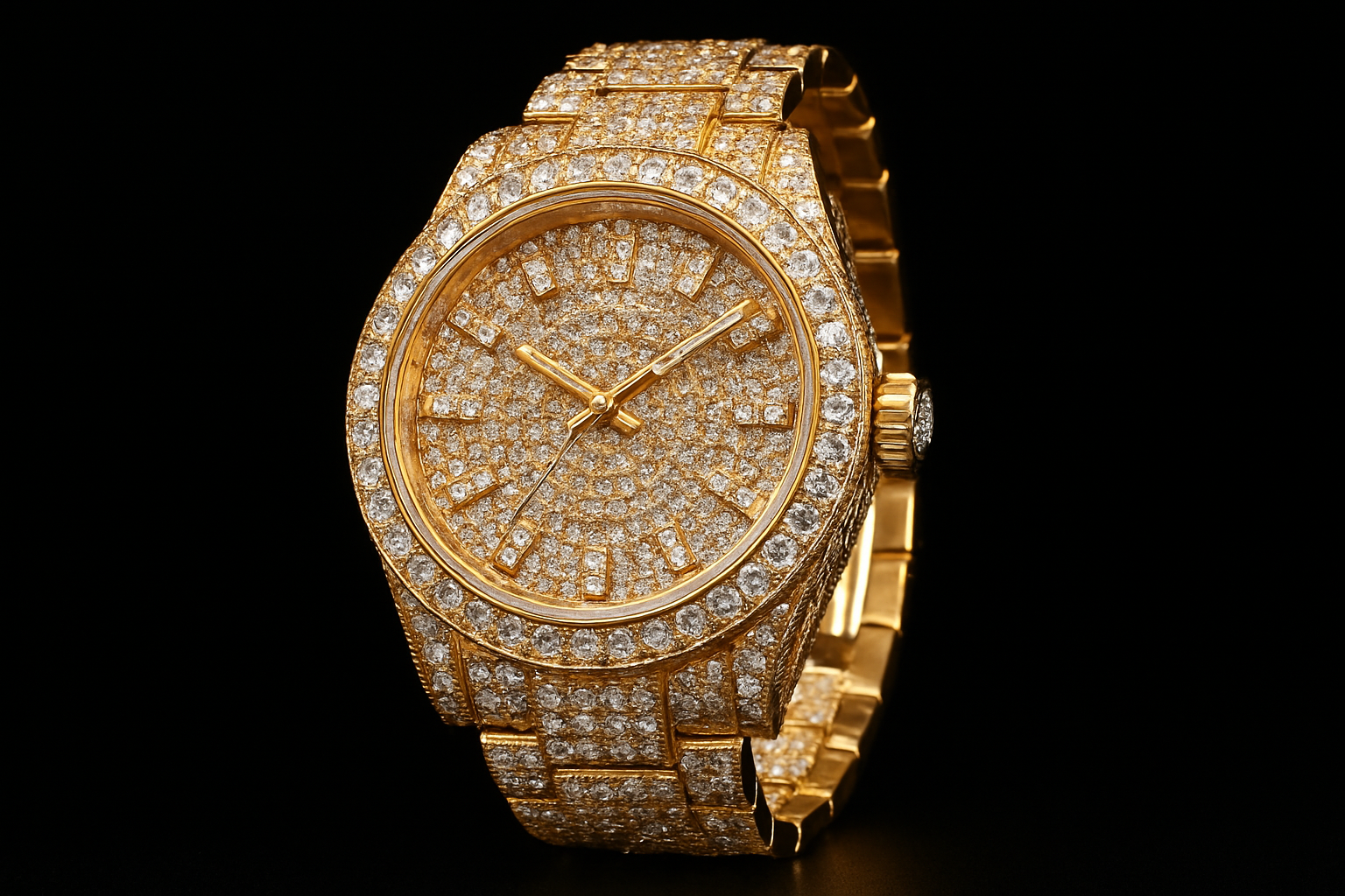 black background and gold watch withfull diamonds